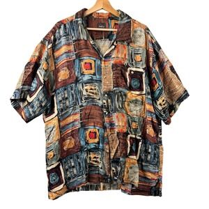 Neiman Marcus Mens XL 100% Silk Abstract Geometric Patchwork Button Down Shirt